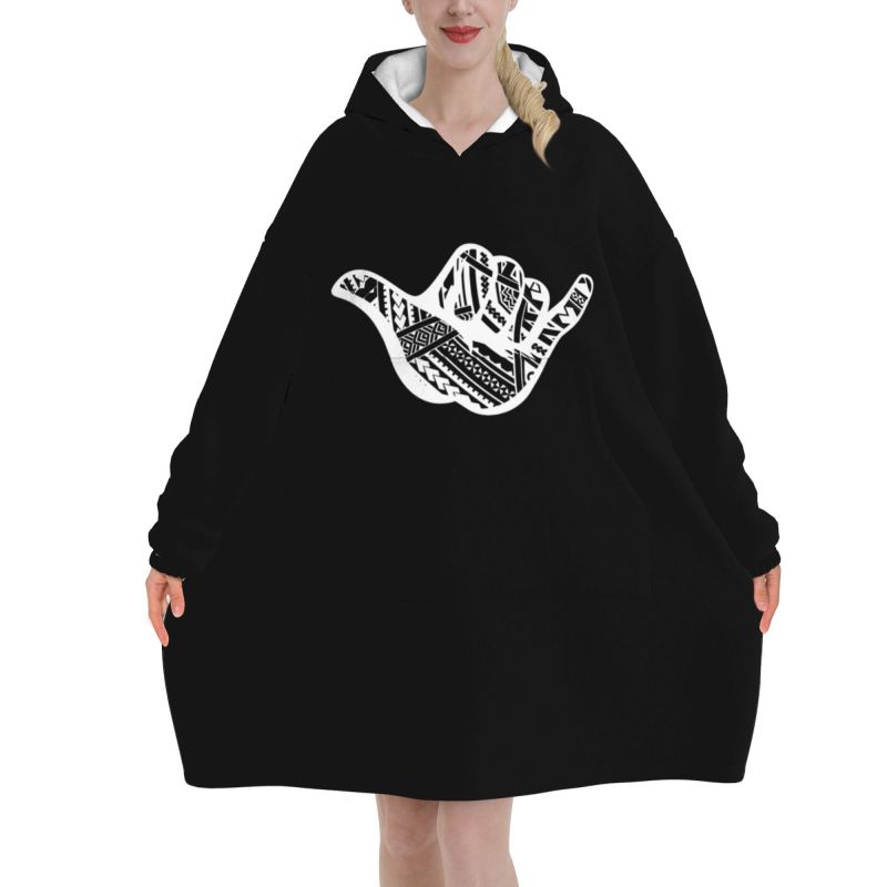 Sherpa Hoodie Fleece - Polinezya Dövmesi Shaka Kabile Baskılı Battaniye