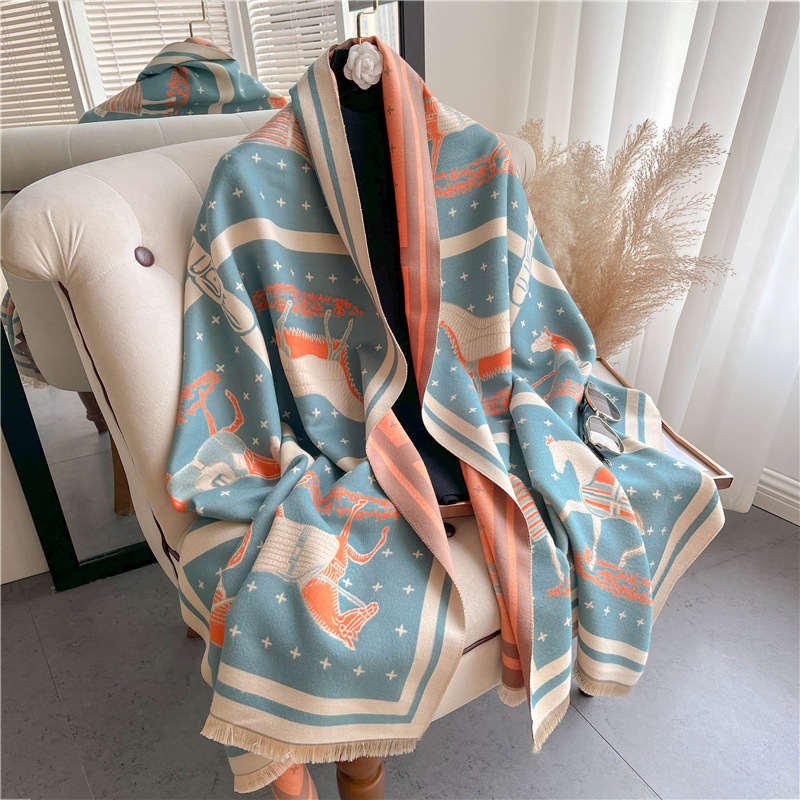 Cashmere Pashmina Wrap - Lüks At Baskı Kalın Kaşmir Battaniye