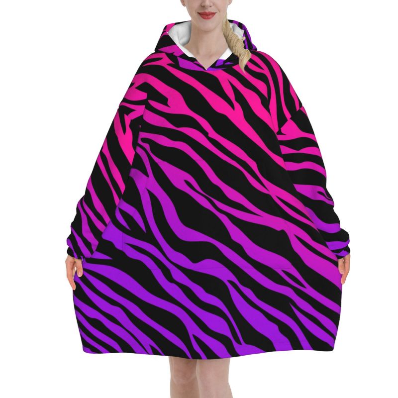 Sherpa Hoodie Fleece - Zebra Desenli Giyilebilir Battaniye Kapüşonlu Kadınlar