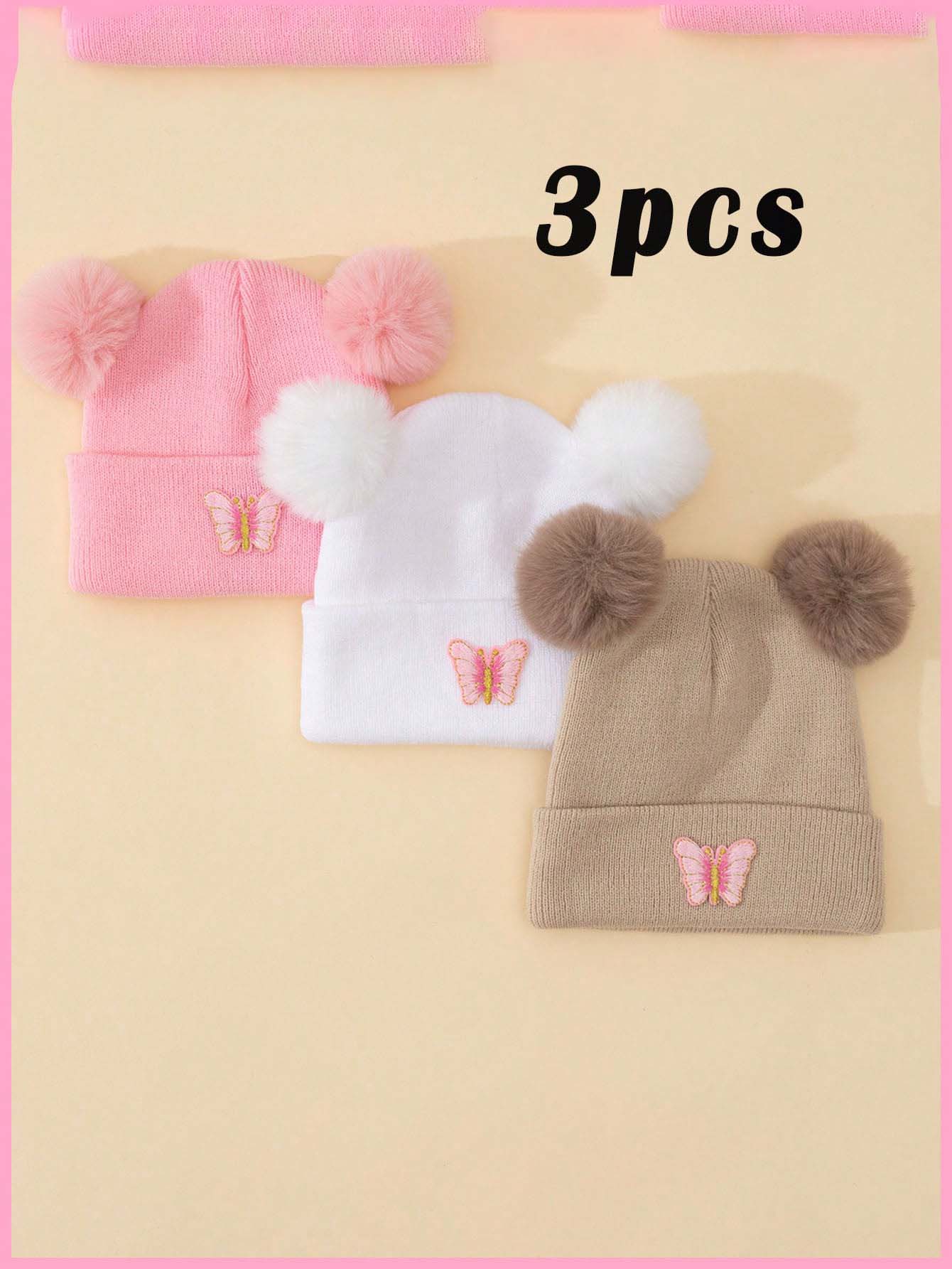 Knit Beanie Hat Warm - 3 Adet Unisex Çocuklar Çift Pom