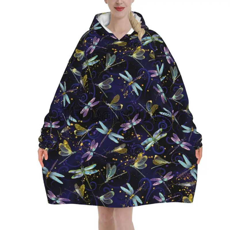 Sherpa Hoodie Fleece - Dragonfly Galaxy Giyilebilir Battaniye Hoodie Kadın