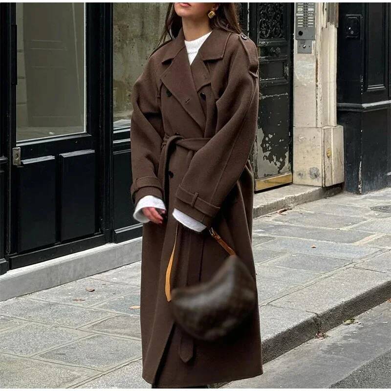 Wool Coat Peacoat - Zarif Gri Kemerli Uzun Suni Yün